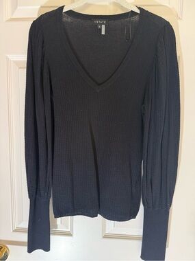 STATE Black V-Neck Long Sleeve Ribbed Top